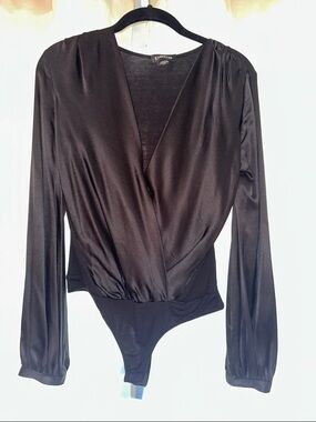 bebe Black Satin Wrap-Style Long Sleeve Bodysuit